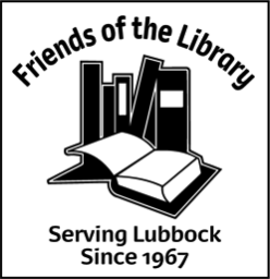 Black and white logo for Friends of the Library. Book icons in center of image. Below image text: Serving Lubbock Since 1967
